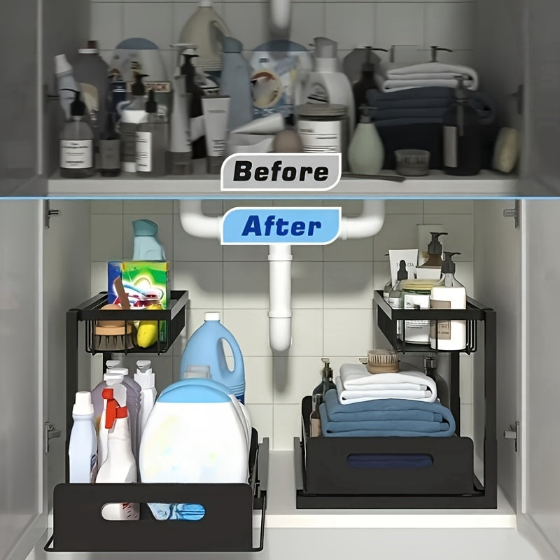 1 pz. Scaffale estraibile a doppio strato da posizionare sotto il lavandino, mensola multifunzionale in acciaio al carbonio per cucina e bagno, adatta per organizer di articoli essenziali e prodotti per la pulizia - Nero/Bianco
