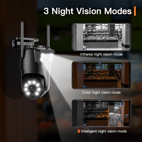 Telecamera di sicurezza multifunzionale wireless da esterno Wifi per il monitoraggio di sicurezza 2K ad alta definizione a doppia lente con rotazione automatica pan-tilt, visione notturna e rilevamento del movimento, chiamata bidirezionale, telecamera di