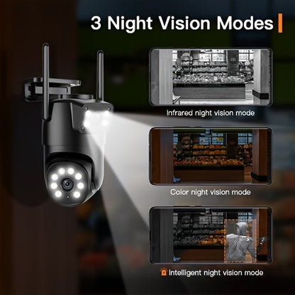 Telecamera di sicurezza multifunzionale wireless da esterno Wifi per il monitoraggio di sicurezza 2K ad alta definizione a doppia lente con rotazione automatica pan-tilt, visione notturna e rilevamento del movimento, chiamata bidirezionale, telecamera di