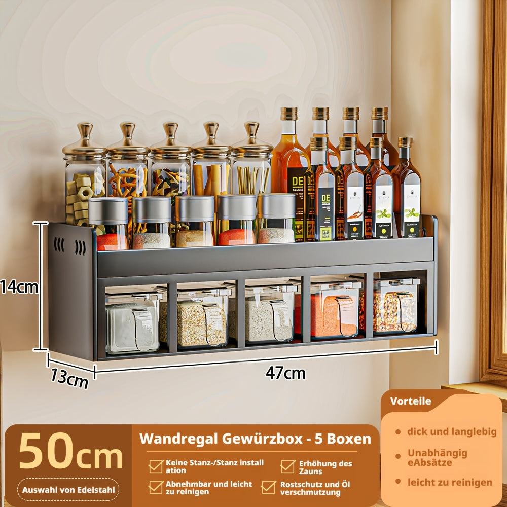 Organizzatore da Muro per Spezie in Acciaio Inox a 5 Scomparti con 5 Barattoli, Organizer Multifunzionale per la Cucina, Porta Spezie in Acciaio al Carbonio, Installazione Senza Trapano, Salvaspazio con Scomparti Multipli per la Cucina