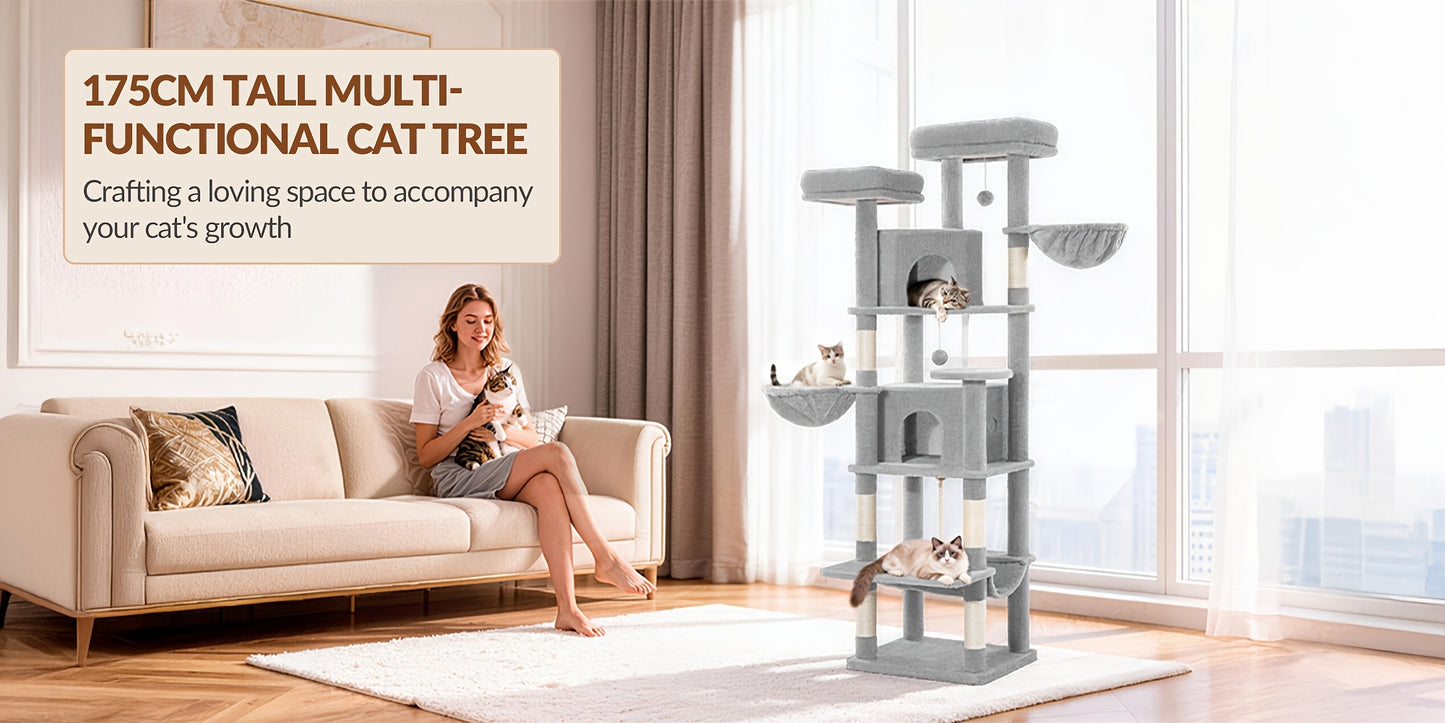 Per albero per gatti grande, 175 cm, tiragraffi per gatti di taglia grande, stabile con tiragraffi, 2 comode casette per gatti, 2 posatoi, 2 cesti, amaca, per uso interno