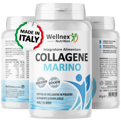 Collagene Marino Idrolizzato 45g | Integratore Alimentare - 15 Dosi | Peptidi di Collagene da pelle di Pangasio, fonte di Aminoacidi e Proteine | Wellnex Nutrition