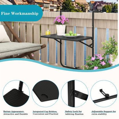 1 pz Tavolo da patio per mobili da esterno, tavolo pieghevole, tavolo da campeggio, tavolo sospeso per balcone con scanalature per posizionare bicchieri d'acqua, tavolo sospeso stabile per ringhiera del balcone, tavolo pieghevole, 3 livelli di altezza, pi