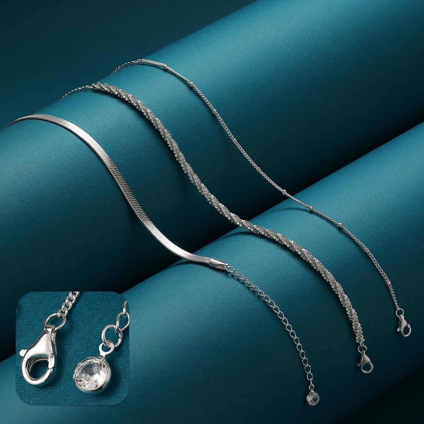 3 Pezzi Bracciali in Argento 925 per Donne, Collane a Catena Sottili e Regolabili con Perline Sovrapponibili