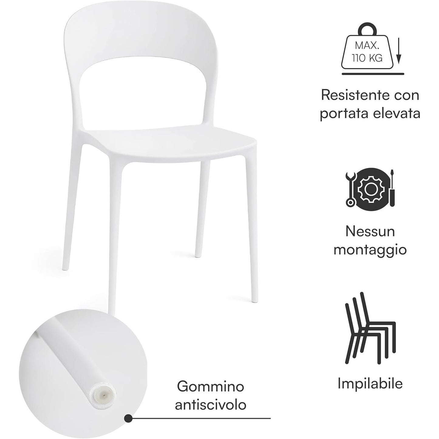 Baroni Home Set 4 Sedie in Plastica Bianca – Sedie Impilabili, Pronte all’Uso Senza Montaggio, Facili da Pulire, con Piedini Antiscivolo per Maggiore Stabilità – Ideali per Cucina, Soggiorno, Sala da Pranzo, Giardino, Terrazzo o Balcone – Sedute Comode e