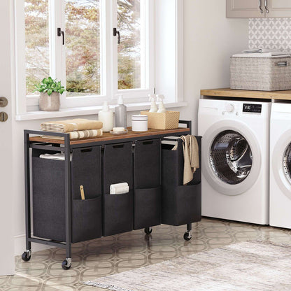 Bianco e Nero, Marrone e Nero, Separatore per la Biancheria 4 Sezioni, Cestello per la Biancheria, Cestello per la Biancheria con Ruote, 4 × 10.5 Gal (39.8L), Carrello Rotolante, Cestelli per la Biancheria in Tessuto Oxford Rimovibili e Pieghevoli, Cestel