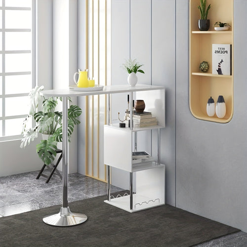 1 pz. Bancone Bar Tavolo da Bistrot Bancone Tavolo con 3 Ripiani con Portabottiglie in Metallo MDF Bianco 113 x 40 x 105 cm (L x P x A) Adatto per Cucina e Altri Luoghi