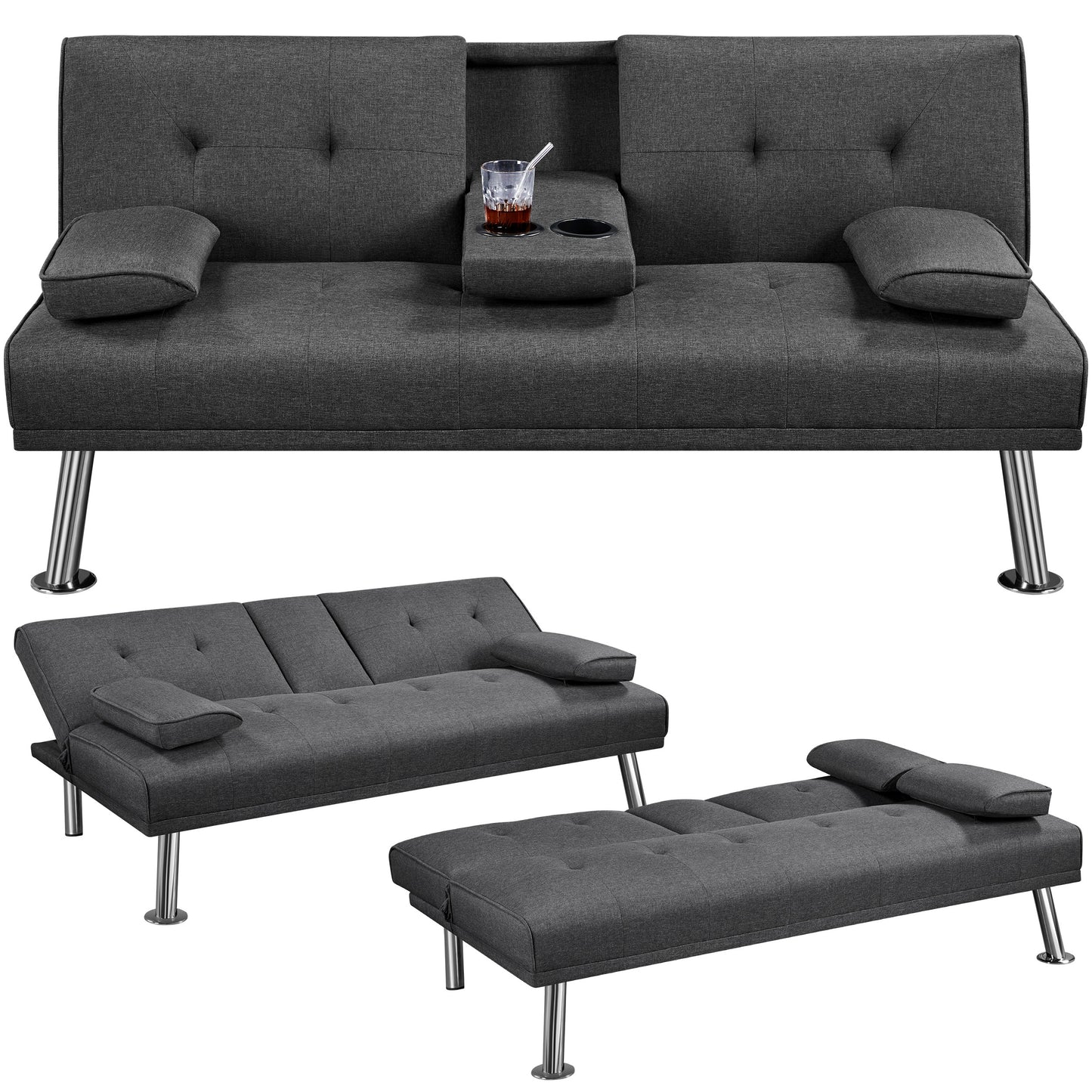 Costoffs Divano Letto a 3 Posti Divano Trasformabile con 2 Braccioli Staccabili Mobile Imbottito con Supporto Centrale Porta Bicchieri Divanetto Reclinabile da Salotto