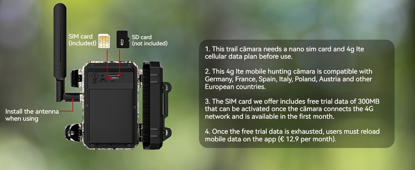 Fototrappola cellulare a energia solare 3G/4G LTE con streaming live 2.7K, attivazione a movimento 0.2s, visione notturna, archiviazione SD/cloud, controllo via app e scheda SIM inclusa – fotocamera per caccia e fauna selvatica per uso esterno, fotocamera