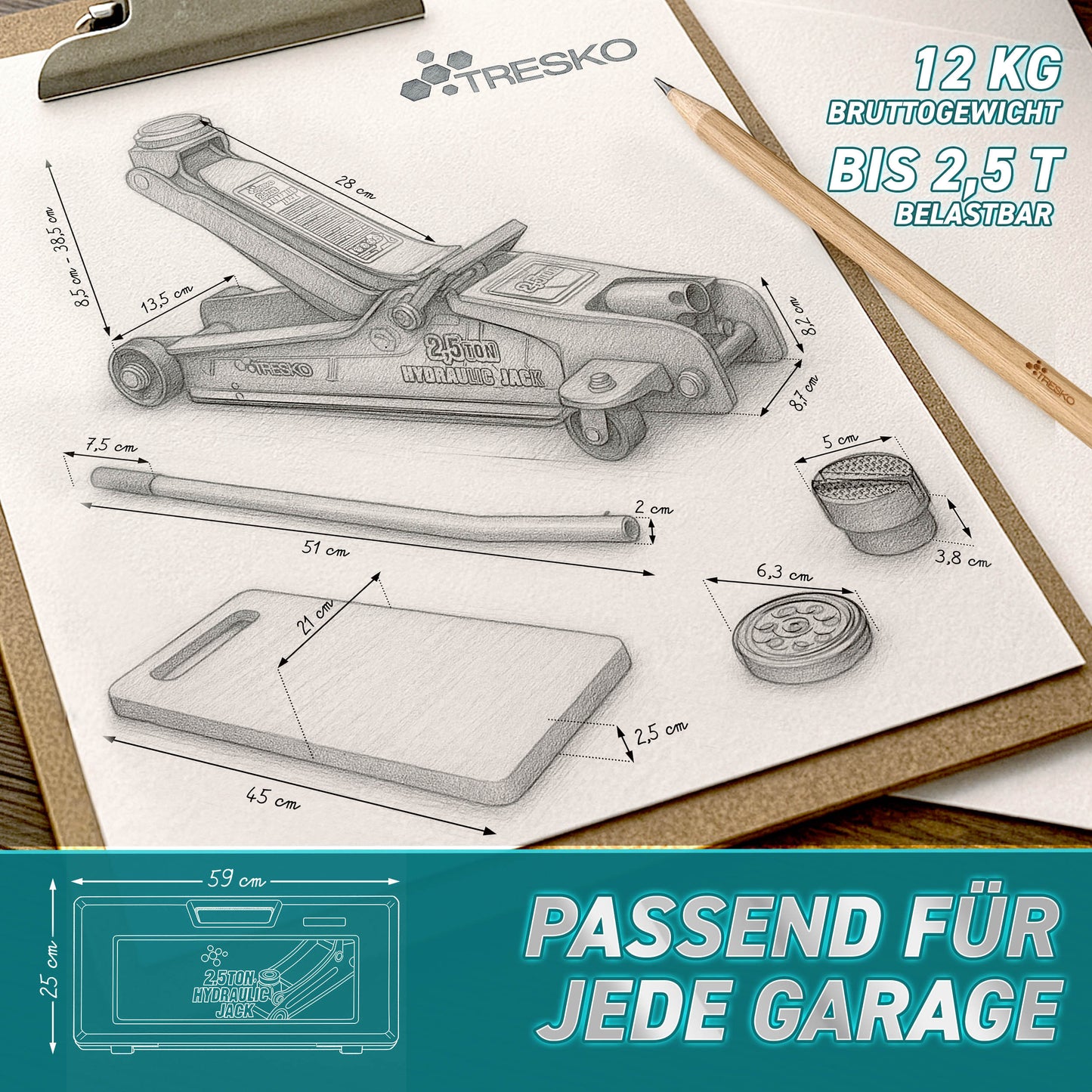 Cric idraulico per auto TRESKO® 2.5 - 3T | Cric idraulico per spostamento auto e SUV con ruote piane e a 360°, include 2 guarnizioni in gomma, tappetino protettivo, guanti