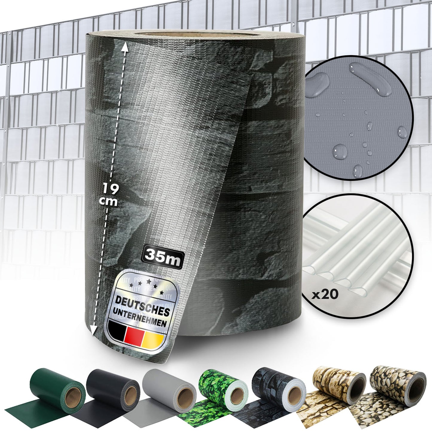 Striscia PVC per Privacy per Recinzione a Doppio Filo – Rotolo da 35m, Altezza 19cm, Include 20 Clip, Disponibile in 3 Colori e 4 Design