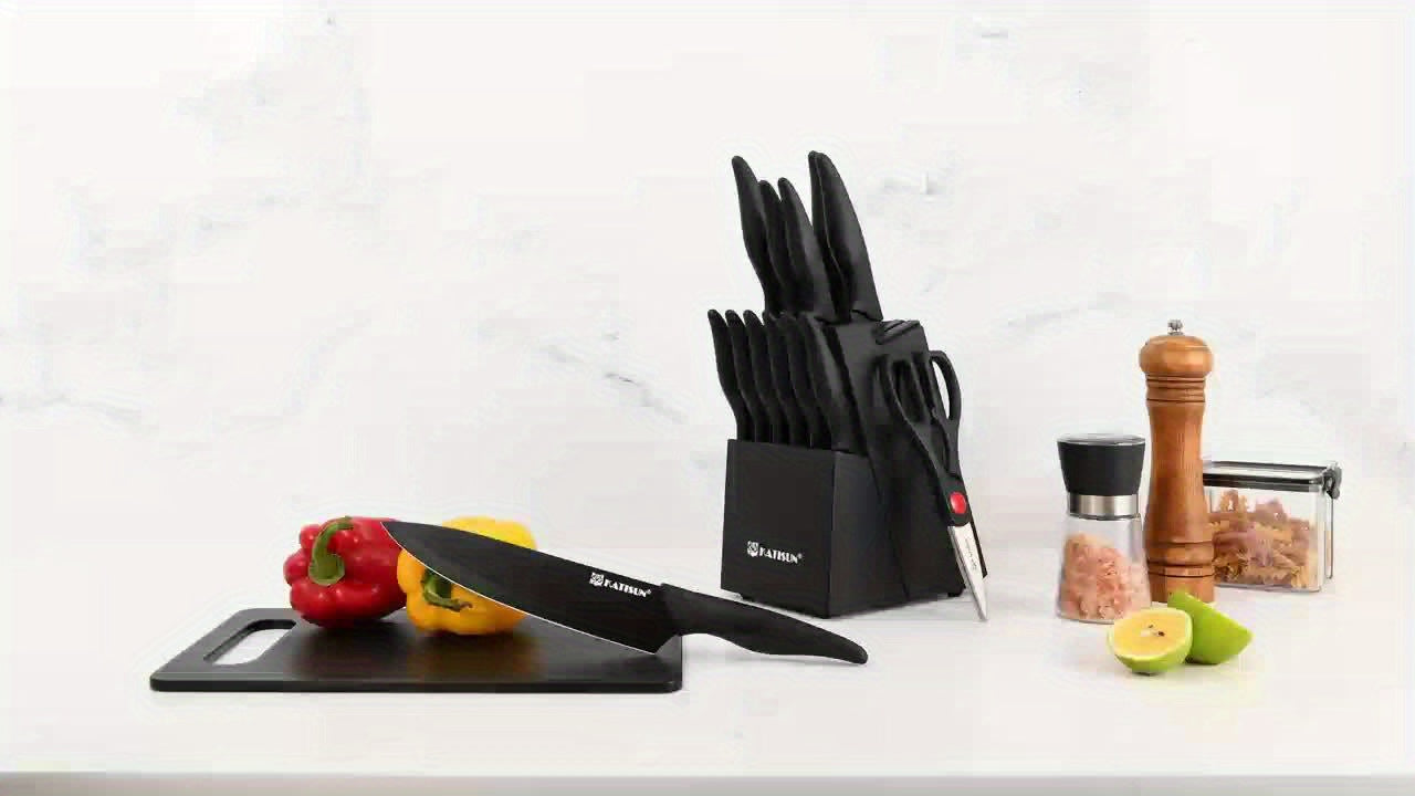 Set di 15 coltelli da cucina professionali con blocco in legno nero, manico antiscivolo in ABS per coltelli da chef, tagliere in plastica e forbici da cucina, regali di Natale e Capodanno per la cucina