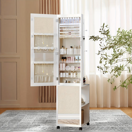 Armadio specchio per gioielli con 8 LED, organizer per gioielli con appendiabiti, specchio a specchio intero con serratura e 4 ruote, ripiani portaoggetti con ganci, 5 in 1, bianco e nero, armadietti per gioielli
