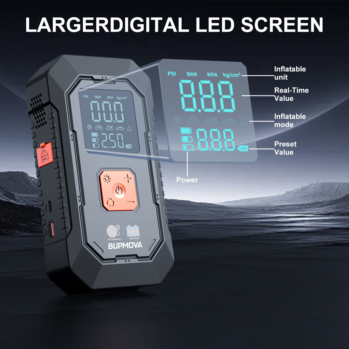 Avviatore di emergenza per auto 8500A con compressore d'aria, pompa di gonfiaggio per pneumatici senza fili, booster per batteria con power bank e torce LED, doppio display della pressione dell'aria
