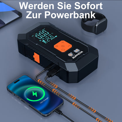 Avviatore di emergenza per auto 8500A con compressore d'aria, pompa di gonfiaggio per pneumatici senza fili, booster per batteria con power bank e torce LED, doppio display della pressione dell'aria