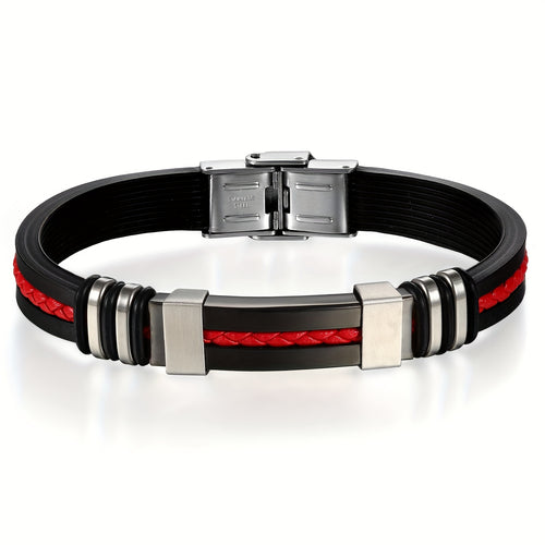 Braccialetto Uomo con Cinturino in Pelle Rossa Intrecciata e Silicone Nero - Design Sportivo Retro, Resistente e Comodo per Tutti i Giorni, Feste, Natale, San Valentino, Regalo per la Festa del Papà