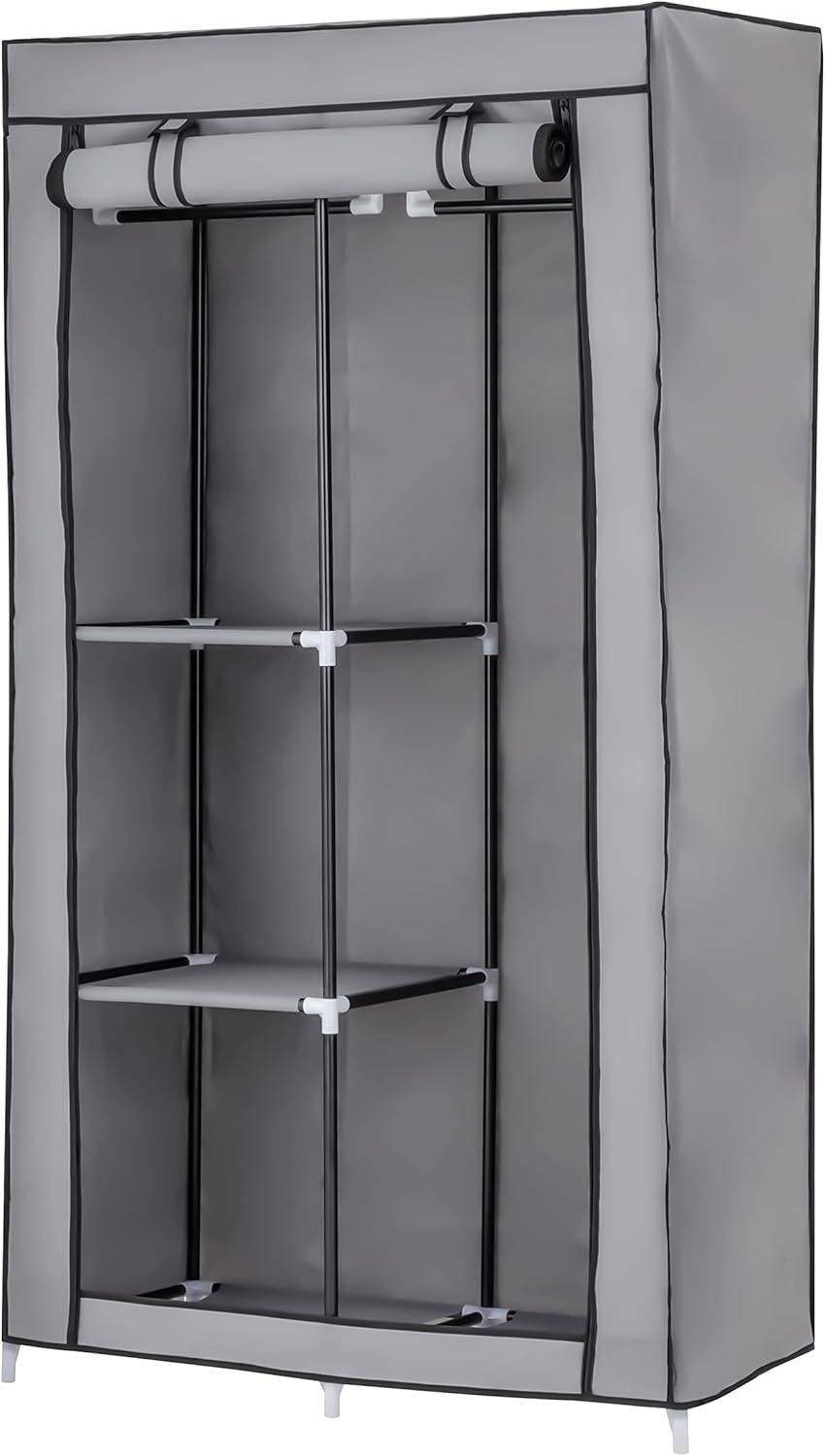 Baroni Home Armadio in Tessuto Richiudibile 88x45x160 cm Grigio 2 Ripiani Laterali e 1 Barra Appendiabiti, Guardaroba in Tessuto non Tessuto Pieghevole Salvaspazio con Struttura in Ferro per Camera da Letto, Cabina Armadio, Campeggio, Cameretta, Lavanderi