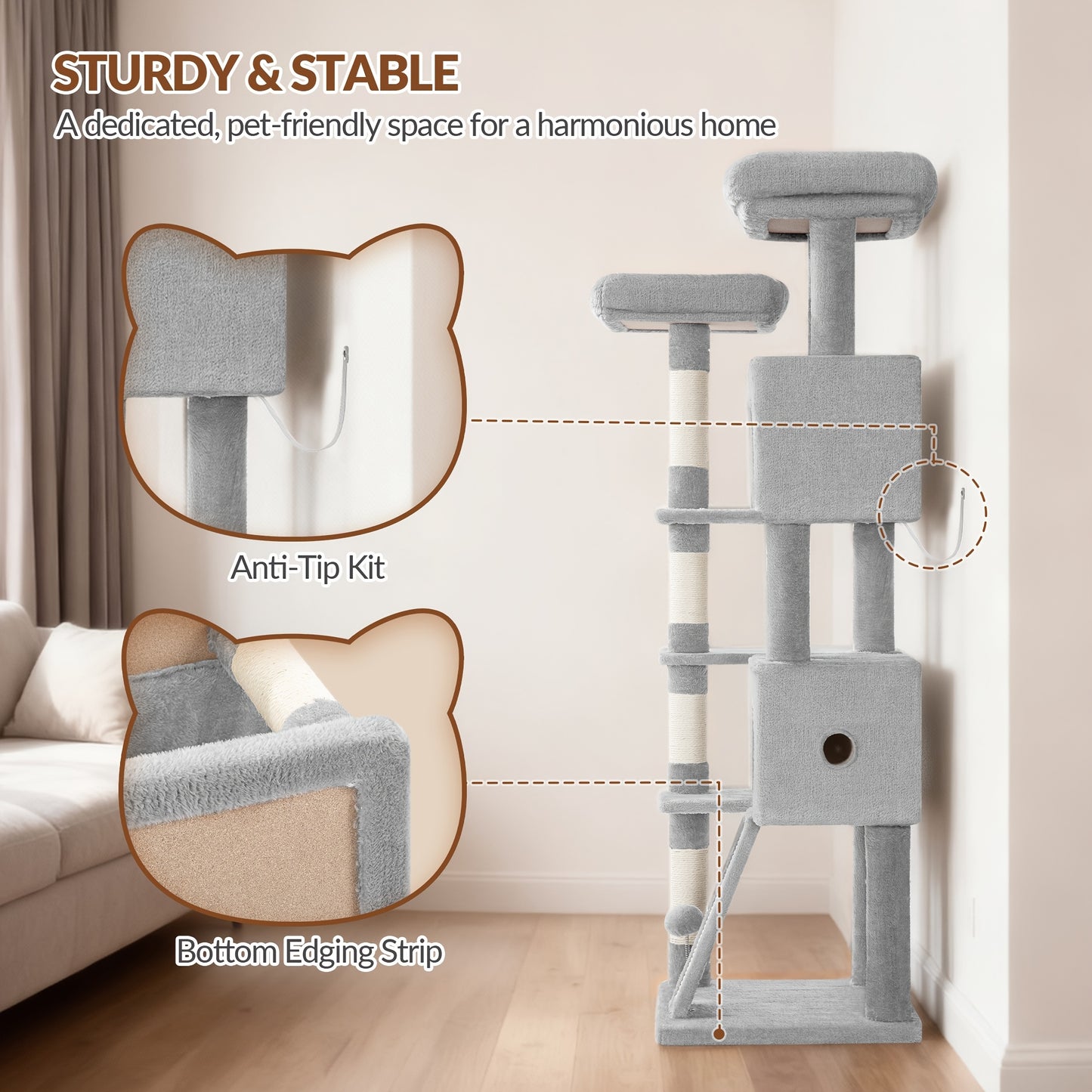 Grande Albero per Gatti, 152cm Tiragraffi, Robusto Albero per Gatti Grandi con Tiragraffi in Sisal, Tavola per Graffiare, 2 Comode Casetta per Gatti, 2 Piattaforme, Pompon, Area Riposo