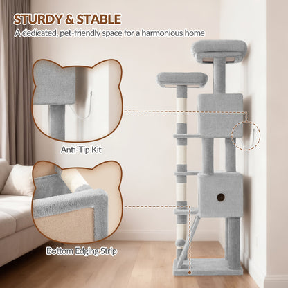 Grande Albero per Gatti, 152cm Tiragraffi, Robusto Albero per Gatti Grandi con Tiragraffi in Sisal, Tavola per Graffiare, 2 Comode Casetta per Gatti, 2 Piattaforme, Pompon, Area Riposo