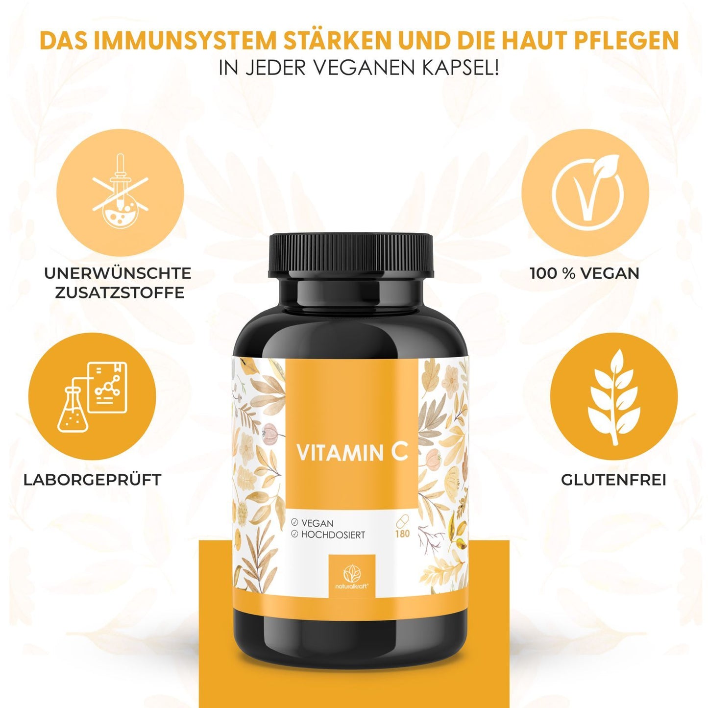 NATURALKRAFT® Vitamina C Premium 1000 mg Dose Giornaliera con Polvere di Fosfolipidi di Girasole ed Estratto di Rosa Canina – 180 Capsule Vegane – Biodisponibilità Migliorata, Testato in Laboratorio e Senza Additivi