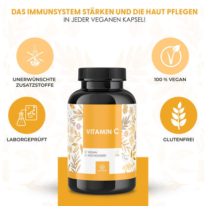 NATURALKRAFT® Vitamina C Premium 1000 mg Dose Giornaliera con Polvere di Fosfolipidi di Girasole ed Estratto di Rosa Canina – 180 Capsule Vegane – Biodisponibilità Migliorata, Testato in Laboratorio e Senza Additivi