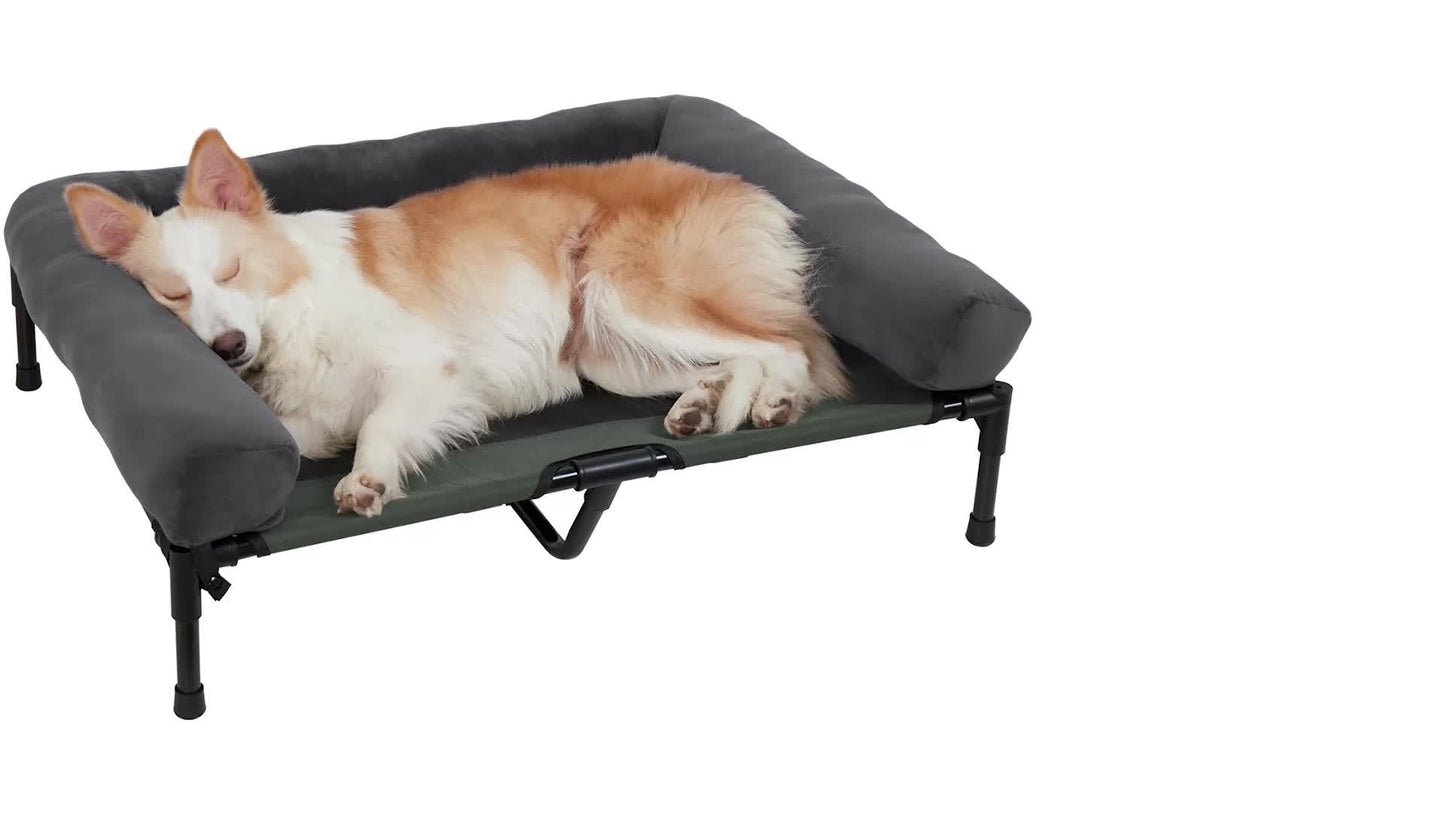Letto per Cani da Campeggio Rialzato L/XL/2XL - Lettino Esterno di Alta Qualità con Tappetino Traspirante e Morbidi Tappeti in Peluche, Struttura Robusta per Cani Grandi, Poliestere Resistente ad Tutte le Condizioni Atmosferiche, Montaggio Facile e Design