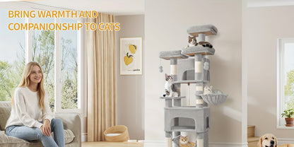 Torre Alta per Gatti, 176 cm di Altezza, Extra Large, con 3 Livelli, 2 Nascondigli, 7 Tavole per Graffiare, una Amaca, Palline Morbide, Ideale per Case con Molteplici Gatti