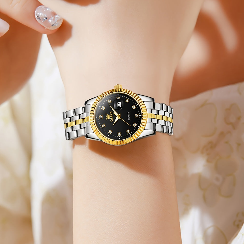 OLEVS Orologio da Donna Classico Business Dress Analogico Quarzo per Donne Elegante Lusso Acciaio Inossidabile Rheinstone Orologi da Donna Luminosi con Calendario Data per Donna Orologio da Polso Regali Romantici Reloj Para Mujer Quadrante Nero/Bianco/Dor