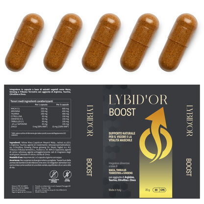 Lybid'Or BOOST Integratore Uomo Forte per Vigore e Prestazioni - Effetto Potente e Duraturo con Maca Peruviana, Tribulus Terrestris, Arginina, Citrullina, Ginseng, Zinco