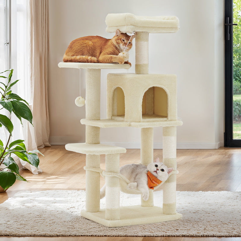 Albero per Gatti 112 cmdi Peluche, 4 Pali Tiragraffi, 2 Pompon, 1 Amaca, 2 Piattaforme, 1 Nicchia