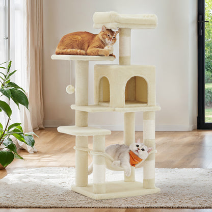 Albero per Gatti 112 cmdi Peluche, 4 Pali Tiragraffi, 2 Pompon, 1 Amaca, 2 Piattaforme, 1 Nicchia