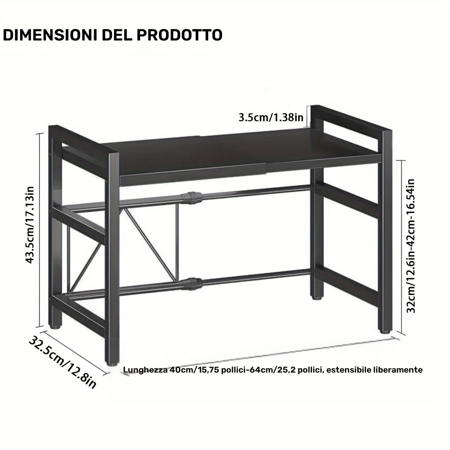 Scaffale Estendibile per Microonde a 2 Livelli con 5 Ganci, Porta Taglieri e 3 Asciugamani, Scaffale per Cucina, Scaffale per Microonde e Forno da Piano, Estendibile 40-64 cm (Nero, Bianco)