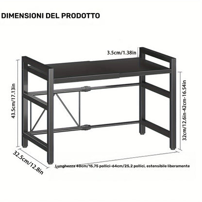 Scaffale Estendibile per Microonde a 2 Livelli con 5 Ganci, Porta Taglieri e 3 Asciugamani, Scaffale per Cucina, Scaffale per Microonde e Forno da Piano, Estendibile 40-64 cm (Nero, Bianco)