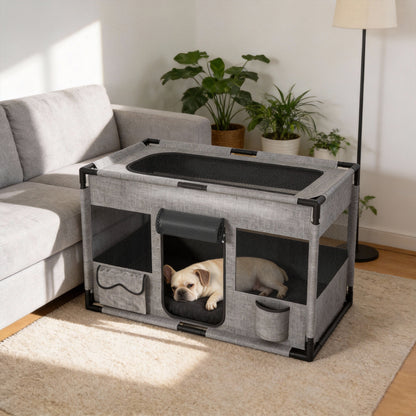 Cuccia Pieghevole Quadrata Grigia per Cani - Gabbia Traspirante in Tessuto Oxford con Porta con Cerniera e Tasche Laterali