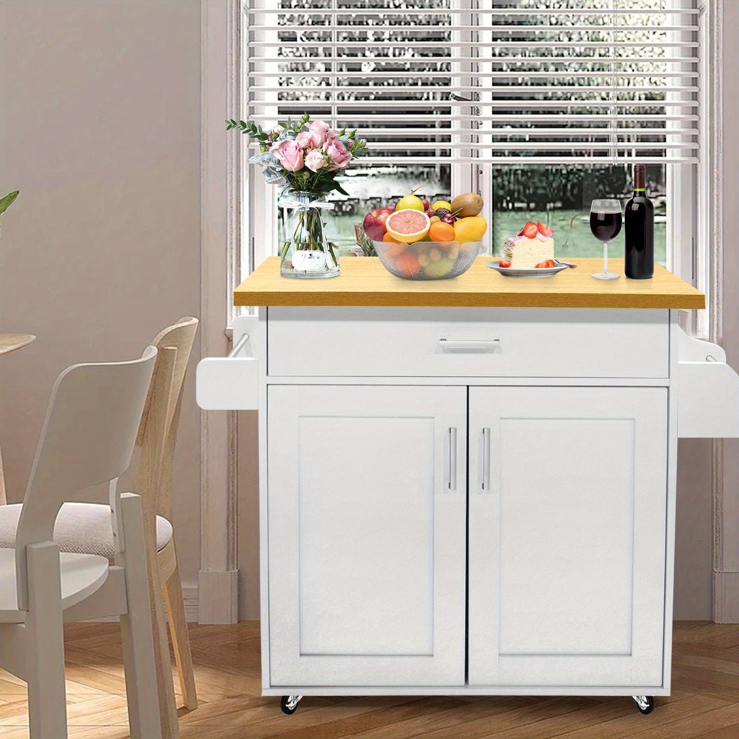 Carrello da cucina multiuso con misure 115 x 36 x 90 cm, dotato di ruote a 360° e ripiani per spezie, in colore bianco