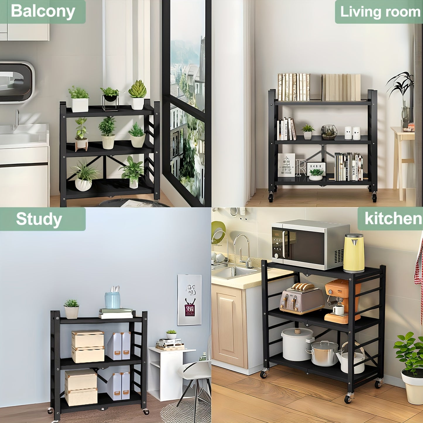 Scaffale da cucina dorato a 3 ripiani con ruote, scaffale pieghevole, scaffale da cucina mobile, scaffale verticale, nessuna installazione richiesta, scaffale da cucina e carrello mobile, adatto per dispensa o ufficio (Nero, Bianco)