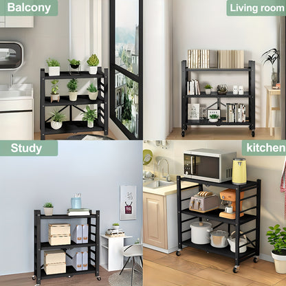 Scaffale da cucina dorato a 3 ripiani con ruote, scaffale pieghevole, scaffale da cucina mobile, scaffale verticale, nessuna installazione richiesta, scaffale da cucina e carrello mobile, adatto per dispensa o ufficio (Nero, Bianco)