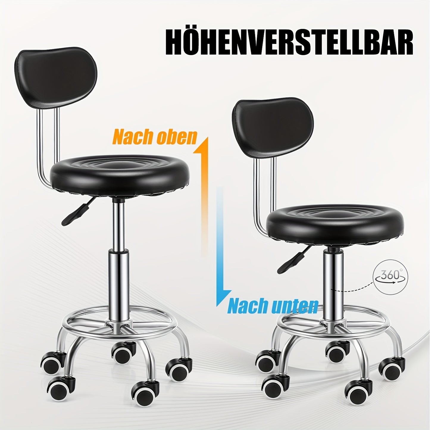 Kehot Sgabello Regolabile con Altezza Regolabile, Base Girevole a 360°, Schienale in Pelle Finta e Sede in Tessuto Riciclato - Struttura in Metallo Contemporanea, 5 Ruote per Casa, Ufficio, Cucina, Sgabello per Cucina, Ufficio, Design Moderno, Costruzione