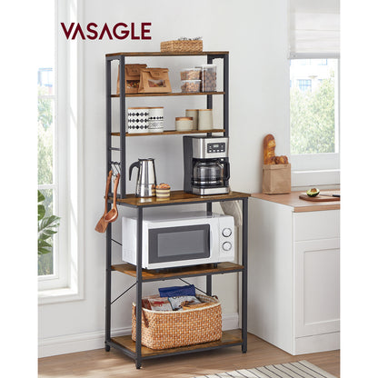 VASAGLE Scaffale Portaoggetti da Cucina, Stazione Caffè, Griglia da Forno, con 6 Ripiani e 6 Ganci, Adatto per Microonde, Struttura in Acciaio, Stile Industriale, Dimensioni 40 X 60 X 167 Cm
