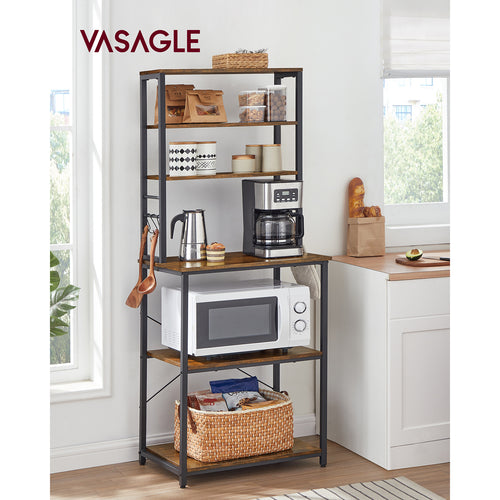 VASAGLE Scaffale Portaoggetti da Cucina, Stazione Caffè, Griglia da Forno, con 6 Ripiani e 6 Ganci, Adatto per Microonde, Struttura in Acciaio, Stile Industriale, Dimensioni 40 X 60 X 167 Cm