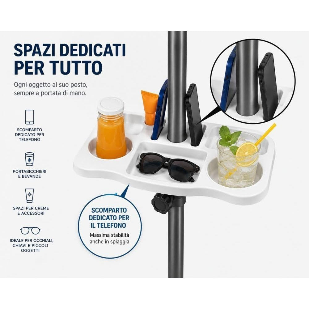 Cecaro Group Tavolino Porta Oggetti per Ombrellone 35x35 cm – Tavolo Universale con Morsetto Regolabile 22-40 mm – Ideale per Mare, Spiaggia, Giardino e Piscina