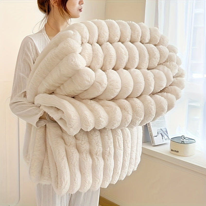 Coperta 1 pz in finta pelliccia di coniglio adatta a tutte le stagioni - Copriletto termico reversibile a righe, morbido e accogliente plaid di coniglio per ufficio, campeggio - Coperta multiuso da regalo