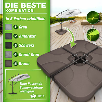 Tillvex® Supporti per Ombrelloni da Sole 60 Litri / 80 Kg - 4 Parti per Ombrellone con Semaforo Incluse Connettori in Metallo | Peso Ombrellone Riempibile con Acqua o Sabbia | Supporto per Ombrellone Resistente alle Intemperie per Balcone Esterno, Terrazz
