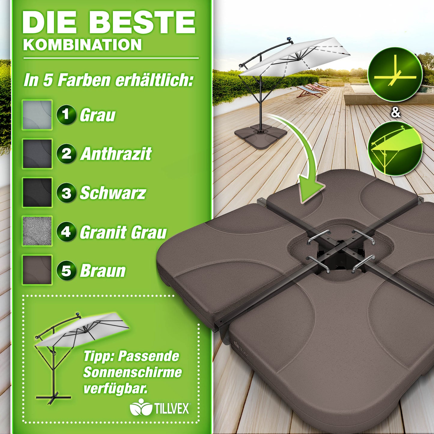 Tillvex® Supporti per Ombrelloni da Sole 60 Litri / 80 Kg - 4 Parti per Ombrellone con Semaforo Incluse Connettori in Metallo | Peso Ombrellone Riempibile con Acqua o Sabbia | Supporto per Ombrellone Resistente alle Intemperie per Balcone Esterno, Terrazz