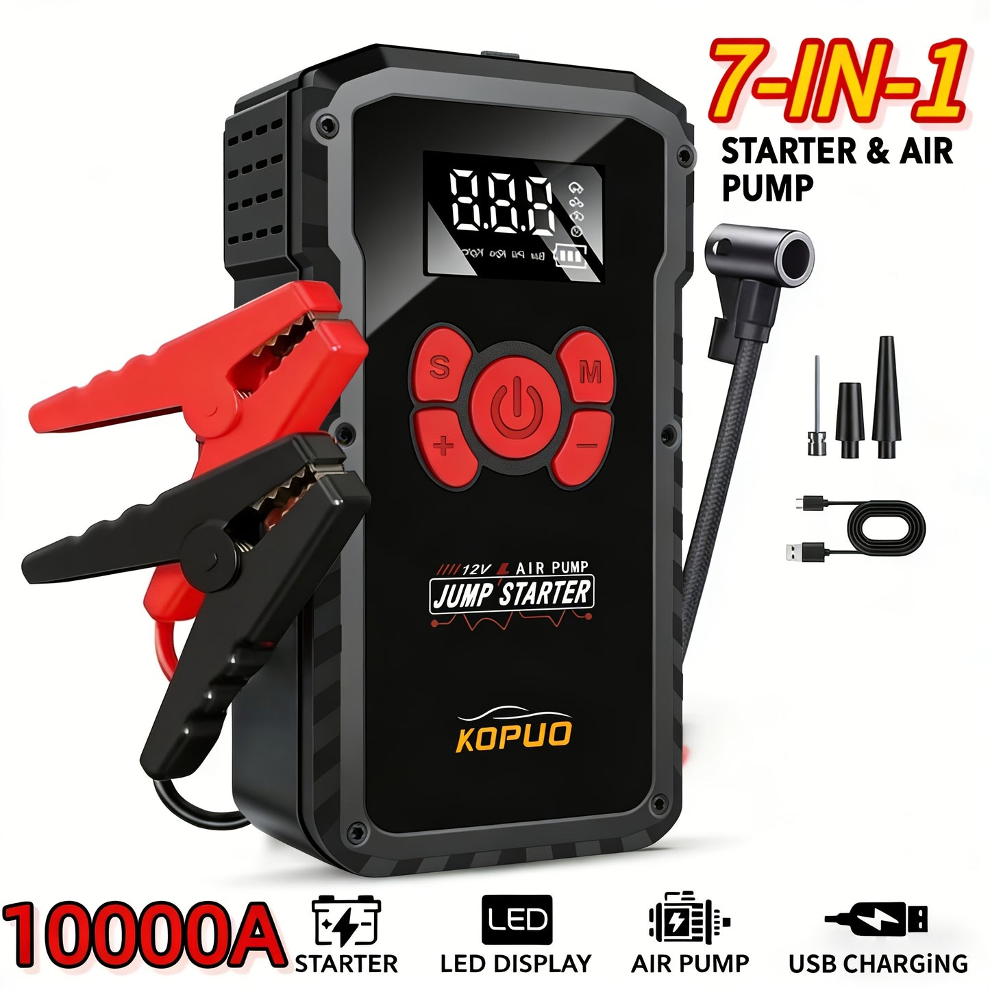 KOPUO 10000A Avviatore di Emergenza Portatile per Auto con Compressore d'Aria da 150PSI, Booster di Batteria di Emergenza 12V fino a Motori a Benzina da 10L/Diesel da 8.0L, Power Bank 7-in-1 con Display LCD e Luci LED