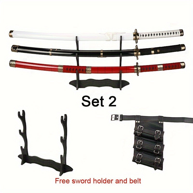 3 Pezzi Set Spada Anime, Lama in Bambù Sicura Non Affilata, Accessorio Cosplay, Katana Spada Samurai, Regalo per Halloween e Natale, Cintura e Portaspada Inclusi