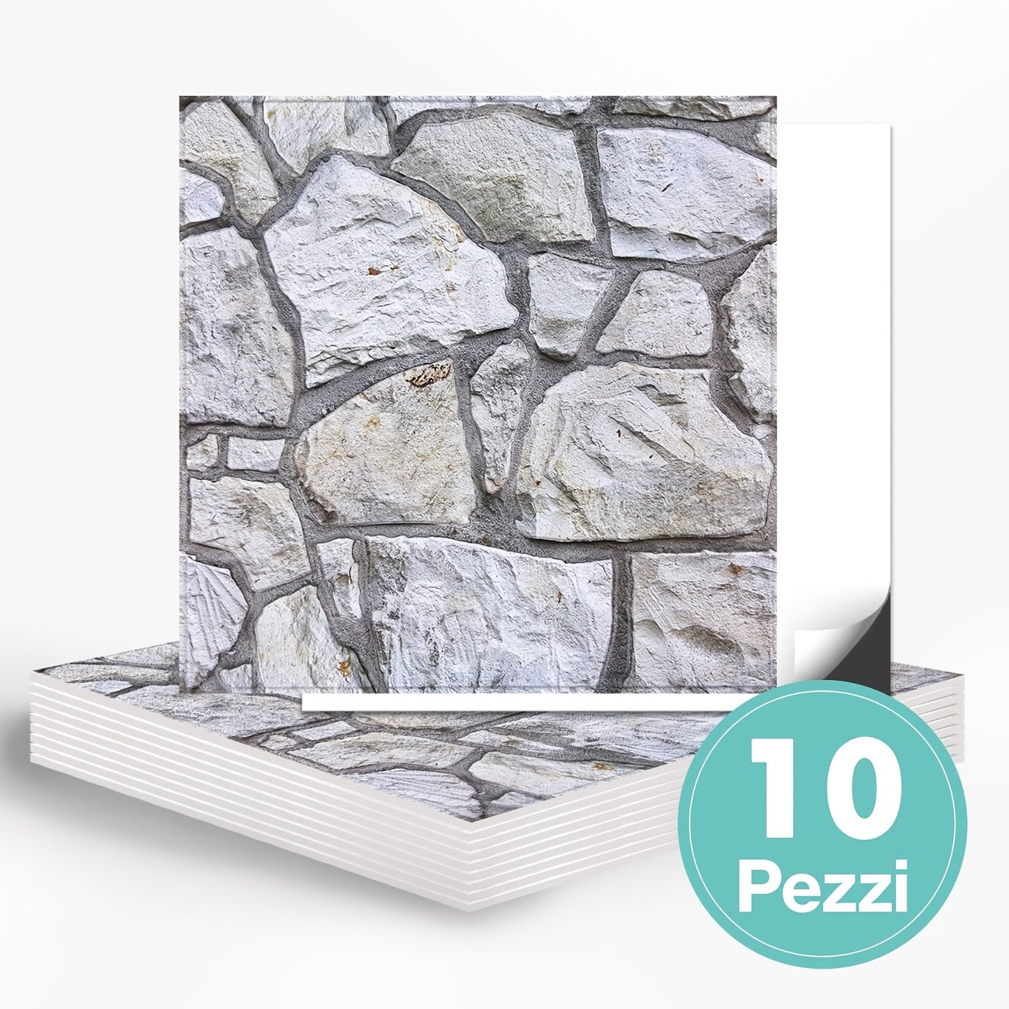 Questo pacchetto include dieci pannelli murali 3D autoadesivi con superficie in PVC effetto pietra, ciascuno misurato 30 per 30 centimetri, progettati per decorare pareti interne.