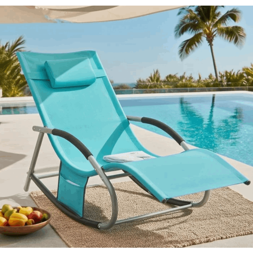 1 Pezzo Lettino Prendisole Lettino da Giardino Sdraio Relax Sedia a Dondolo da Esterno con Cuscino Poggiatesta Superficie Ergonomica Tessuto Resistente agli Agenti Atmosferici Struttura in Metallo Tasca Laterale Portata Massima 150 kg Terrazza Balcone Gia