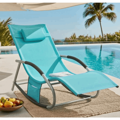 1 Pezzo Lettino Prendisole Lettino da Giardino Sdraio Relax Sedia a Dondolo da Esterno con Cuscino Poggiatesta Superficie Ergonomica Tessuto Resistente agli Agenti Atmosferici Struttura in Metallo Tasca Laterale Portata Massima 150 kg Terrazza Balcone Gia