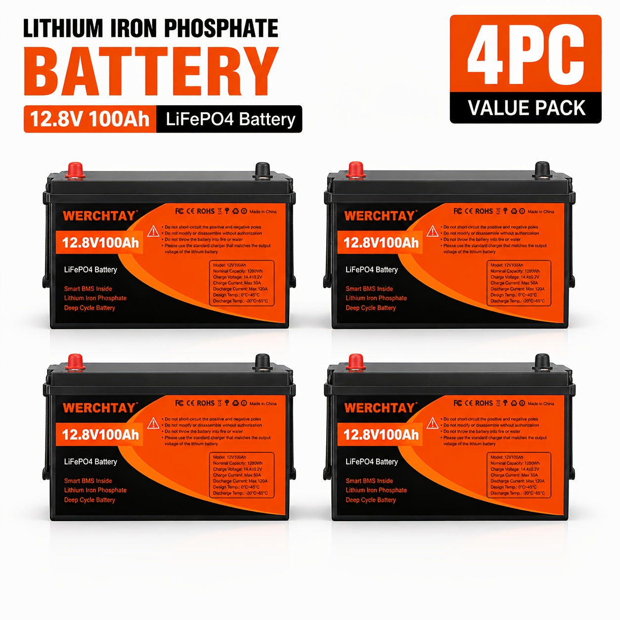 Confezione da 1/2/4 Batteria al Litio Ferro Fosfato, Batteria LiFePO4 12.8V con BMS Intelligente 25.000+ Cicli di Scarica Profonda, 1280Wh Protezione a Bassa Temperatura Integrata, Batteria Marina Adatta per Elettrodomestici, Camper Solari, Accumulo di En